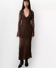 MANGO Flared Semi-Sheer Brown Chiffon Dress Size 6