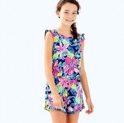 Lilly Pulitzer Girls XL 12-14 Floral Print Sleeveless Tala Romper Nauti Navy Cap