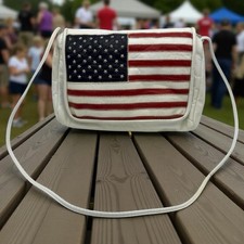 Vtg American Flag Leather Shoulder Bag Dove USA Colors Crossbody Strap