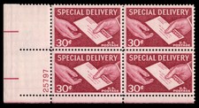 US Scott # E21, Special Delivery, Plate Block of (4) 1957 30¢ Stamps, MNH