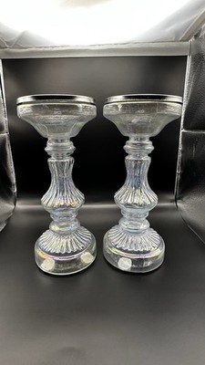 Iridescent Opal Glass Pillar Candle Holders Pair