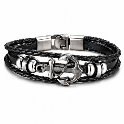 Anchor Leather Bracelet Black Braided Nautical Rope Stainless Steel Wristband Gi