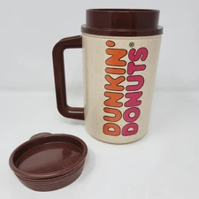 Vintage Dunkin Donuts Thermo Mug Brown Lid & Handle Insulated Hot/Cold Plastic