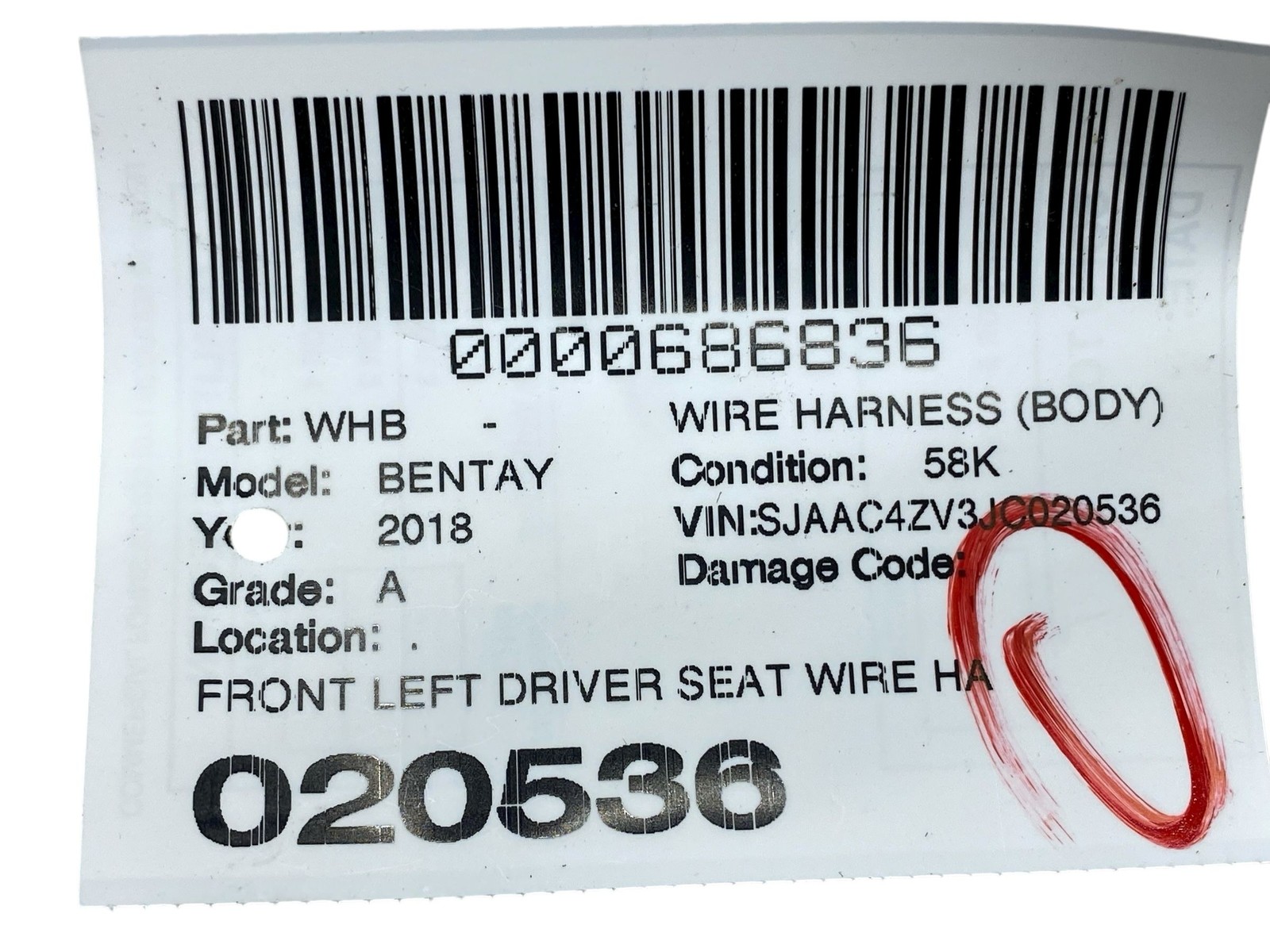 2016-2020 BENTLEY BENTAYGA FRONT LEFT DRIVER SEAT WIRE HARNESS 36B971366