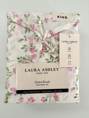 NIP Laura Ashley KING King Sheet Set 4 PCS 100% Cotton Flowers Pink Green