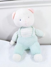 Vintage Eden Baby Teddy Bear Plush Knit White green Overalls stripes striped toy
