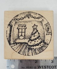 Christmas House Scene Rubber Stamp Roses  2.75" Square 