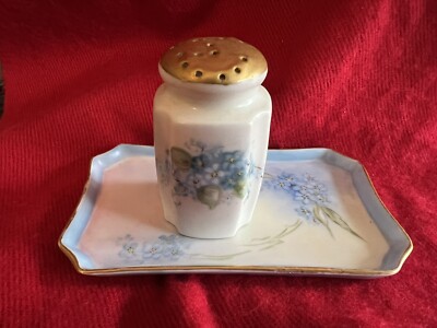 Antique Bisque Forget-Me-Not, Hand- Painted Tray and Shaker Set, Gilded