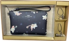 Coach Corner Zip Wristlet Blue Snowmen Snowflakes with 2 Charms Boxed Gift Set