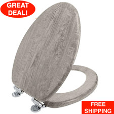Elongated Wood Toilet Seat Slow Close And Chrome-Plated Hinges Molded Wood Gray