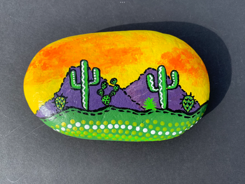 Collectible Art, Hand Painted Desert Scene Cactus Sunset on Rock 5 5/8 ...
