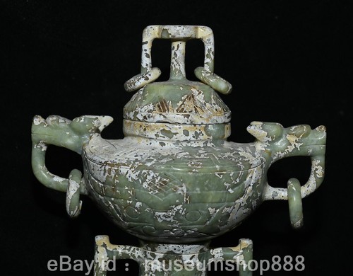 10" Old Chinese Jade Carving Fengshui 2 Dragon Ear Statue Incense Burner Censer - Picture 2 of 21