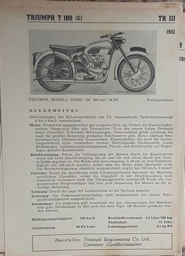 Triumph T 100 Tiger 500 1951  Datenblatt Typenblatt original   * - Imagen 1 de 1