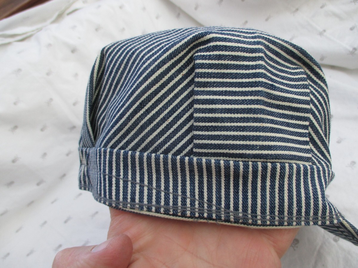 Vintage Hickory Stripe Cotton Railroad Conductor Cap Hat XL men