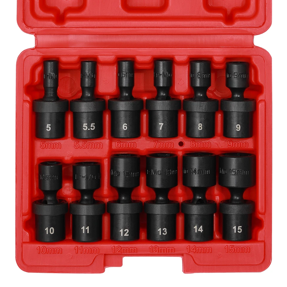 12pcs 1/4-Inch Impact Socket Set Metric 5mm to 15mm 6-Point Cr-Mo Swivel Socket - Image 2 of 4