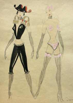Entwurf für zwei erotische Faschingskostüme, Aquarell monogrammiert ''Jo'' 1950/60