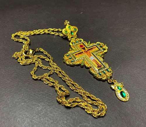 Greek Russian Orthodox Priest Pectoral Cross Pendant Gold Plated Green Stones - Picture 4 of 21
