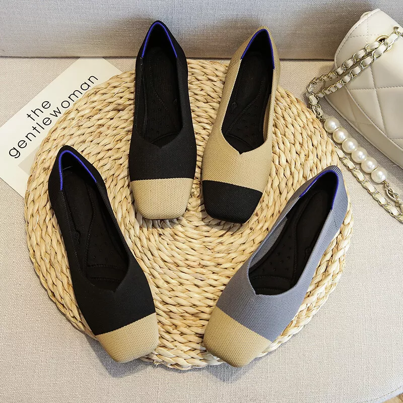Patchwork Square Toe Knitting Fabric Flats Soft Comfy Women Beige