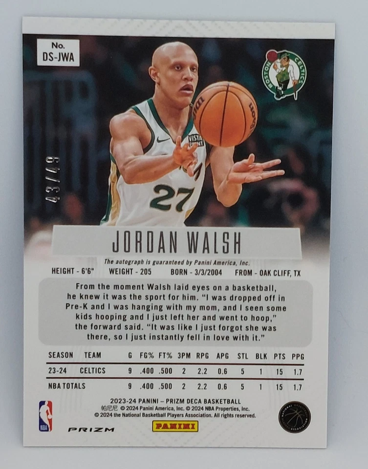 Jordan Walsh Rookie Prizm Deca Auto /49 Blue True Silver Boston Celtics RC (2) - Image 3 of 4