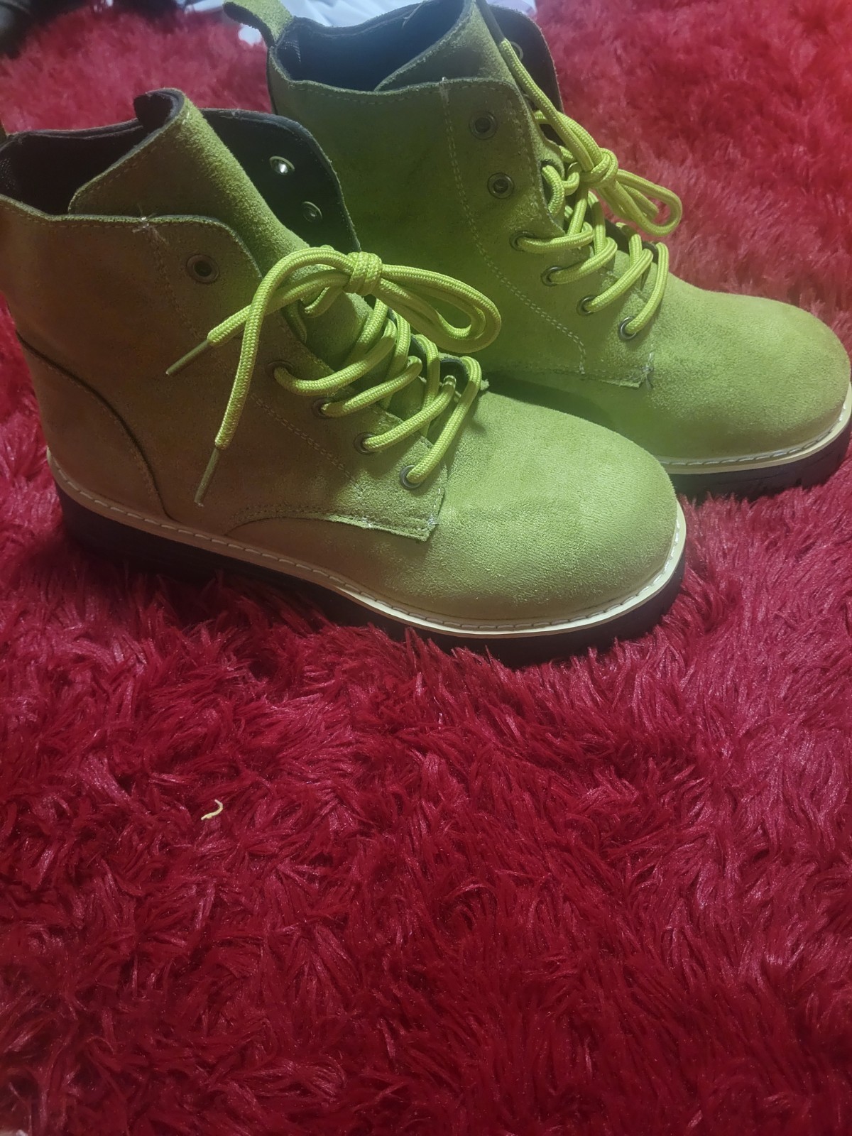 Women’s Green Suede Ankle Combat Boot Lace-Up Round Toe US 9