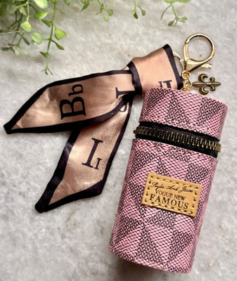 New Pink Geometric Print Mini Bag Purse Charm Keychain w/ Scarf & Fleur de Lis