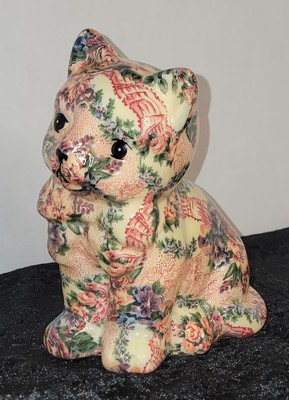 Vintage Ceramic Glazed Country Floral Fabric Decoupage 7 x6  Kitty Cat Figurine
