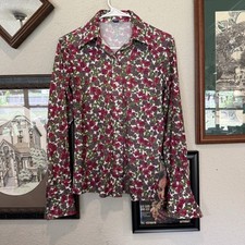 Vintage 70s RARE Floral Sears Perma Prest Designer Button Shirt Size 12 Medium