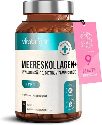 Meeres Kollagen 2450 mg -  120 Kapseln Hochdosiert, mit Vitamin C, E, B2 & Zink