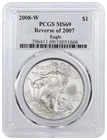 2008 W Reverse Of 2007 $1 1 oz .999 Burnished Silver American Eagle PCGS MS69