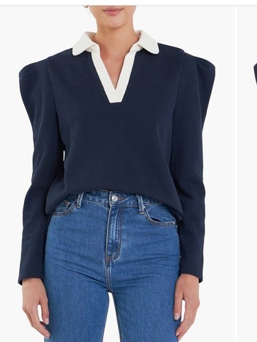 ENGLISH FACTORY polo match collar sweatshirt in navy/cream size M