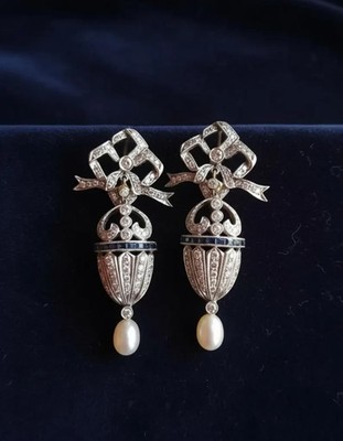 Bow Motif Pearl Earring, Blue Baguette & Round CREATEDStone Dangle Drop Earring,