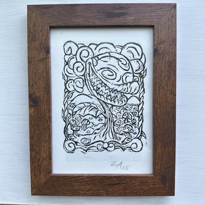 Piranha Plant Linocut Print FRAMED 5 X 7 Inch Paper