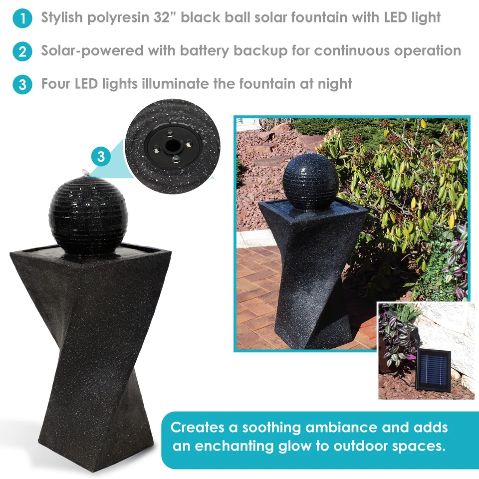 Black Ball Solar Water Fountain with Battery/LED Lights - 32 in by Sunnydaze - Image 3 of 4