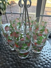 Retro Vintage Culver Strawberry Glasses With Metal Holder Set Of 6