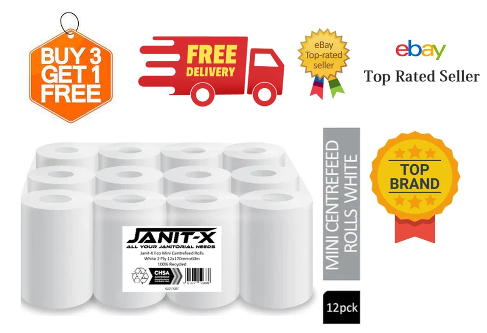 JANIT-X JUMBO White Mini Centrefeed Wiper Roll Paper Towel 2ply 12 x 60M "BUY 3 GET 1 FREE"