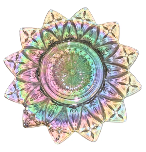 VTG FEDERAL CLEAR CARNIVAL GLASS IRIDESCENT STAR FLOWER PETAL PLATE BEAUTIFUL!