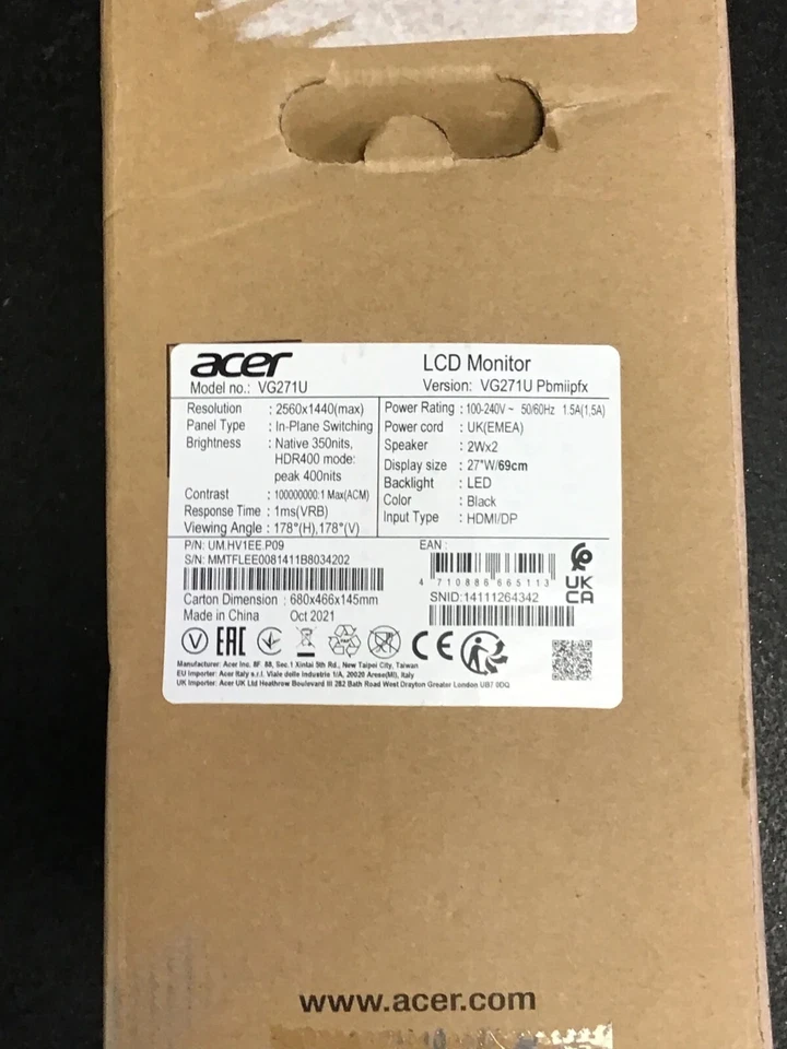 Acer Nitro VG271U 27 inch 1440p 144Hz 1ms WQHD HDR400 IPS Gaming Monitor PS5 PC - Image 4 of 4