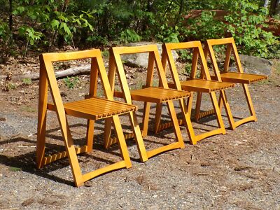 Vintage Set 4 Mid Century Modern Folding Slat Chairs Romania Aldo