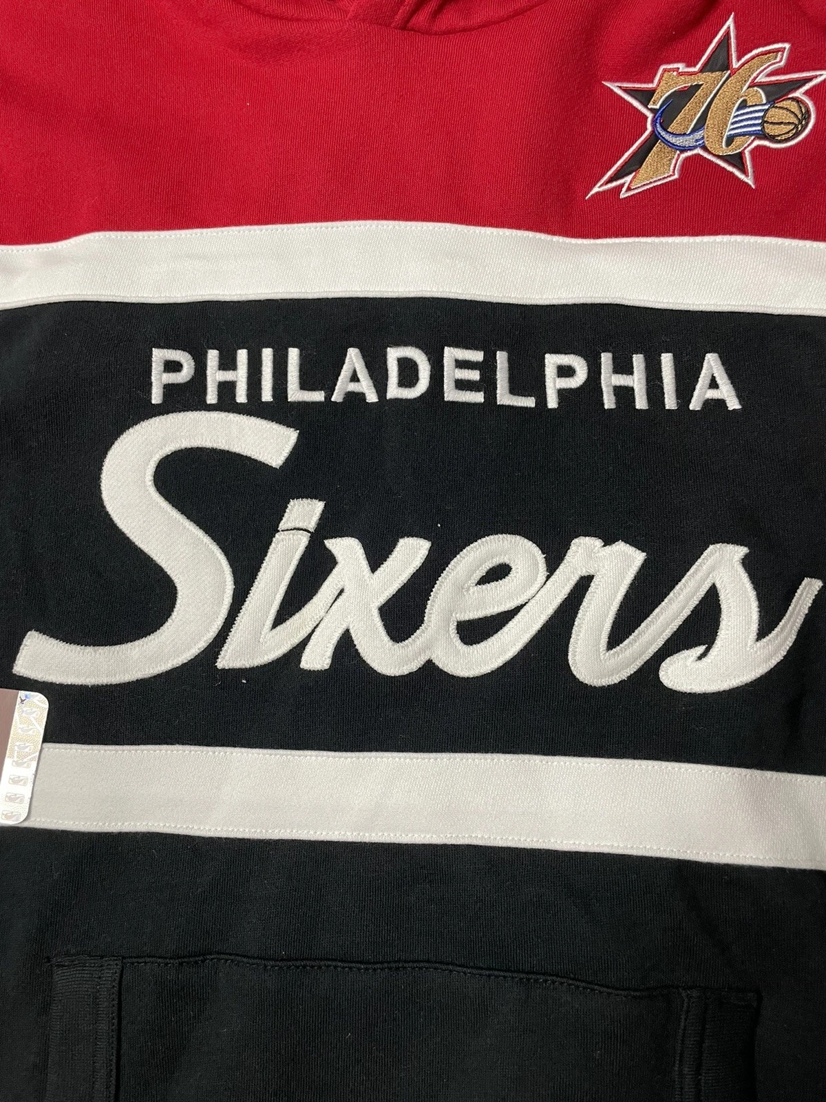 FELPA CON CAPPUCCIO MITCHELL & Ness philadelphia 76ers l script head coach hwc nuova con etichette nba