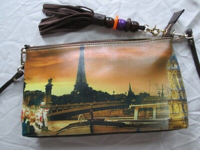 SHARIF 1827 Brown Pebble Leather Eiffel Tower Art Tassel Crossbody Shoulder Bag