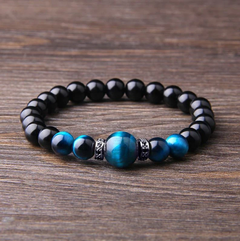 Bracelet perle oeil de tigre bleu Johnny Hallyday "Rester Vivant" argenté - Photo 3/3