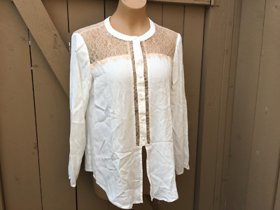 ELLA MOSS Off-White w/ Tan Lace Button Down Tunic Shirt - Women's Sz M