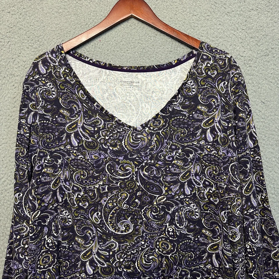 Charter Club Top 3X Plus Paisley Knit 100% Pima Cotton Blue V Neck Casual - Image 2 of 4