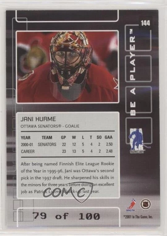 2001-02 ITG Be A Player Memorabilia Sapphire /100 Jani Hurme #144 - Image 2 of 2