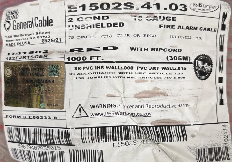 Carol Fire Alarm Cable E1502S.41.03 18 Gauge 1000 Ft. Red General Cable New - Image 4 of 4