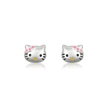Adorable Women Girl S925 Sterling SILVER Bow Kitty Face Cat Stud Earrings AJ