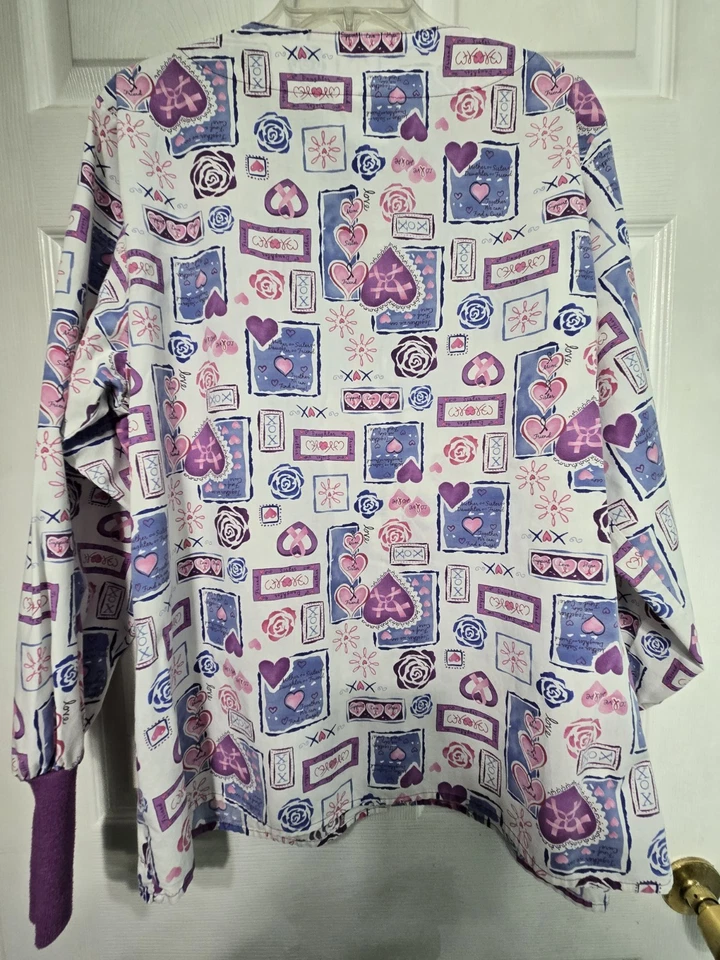 Crest Scrub Jacket Size M-Blue/White Hearts/CA Ribbon Snap-Up-Chest 24"/L 27.5" - Image 2 of 4