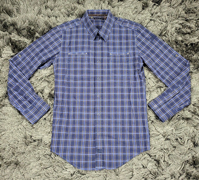 7 Diamonds Shirt Mens Small Blue Plaid Snap Roll Tab Sleeves Pockets Cotton