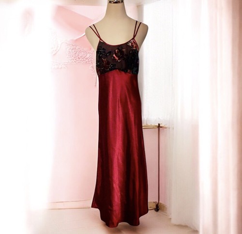 Vtg 90s Secret Treasures Burnout Velvet Slip Chemise Lingerie Burgundy Satin S