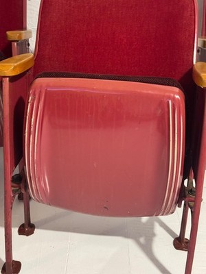 (10) Red velvet with wood armrests and cast iron frame 1950s movie theater seats